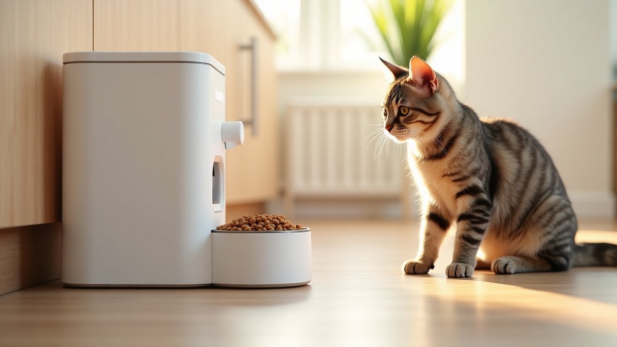 Automatic pet feeder dispensing food for a waiting cat