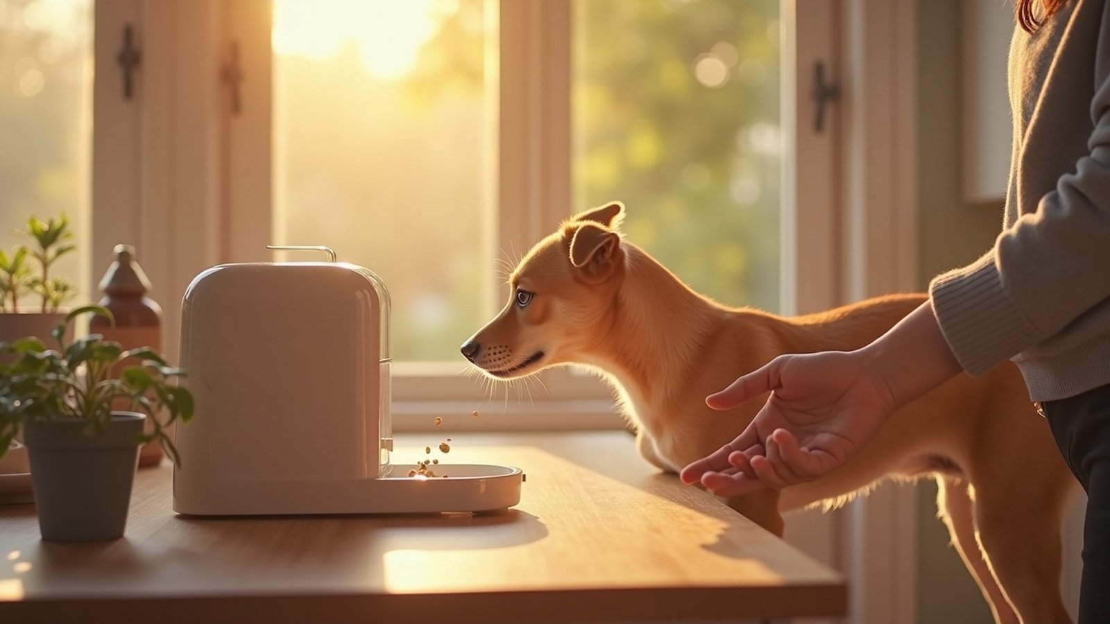 Setting up and programming an automatic pet feeder with pets nearby