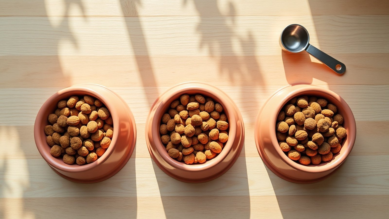 Several types of sensitive-stomach dog food in bowls with a measuring scoop