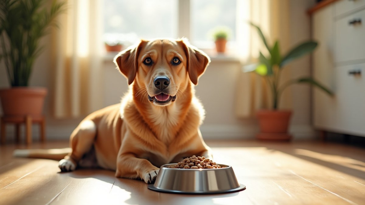 Bowl of gentle dog food beside a calm dog