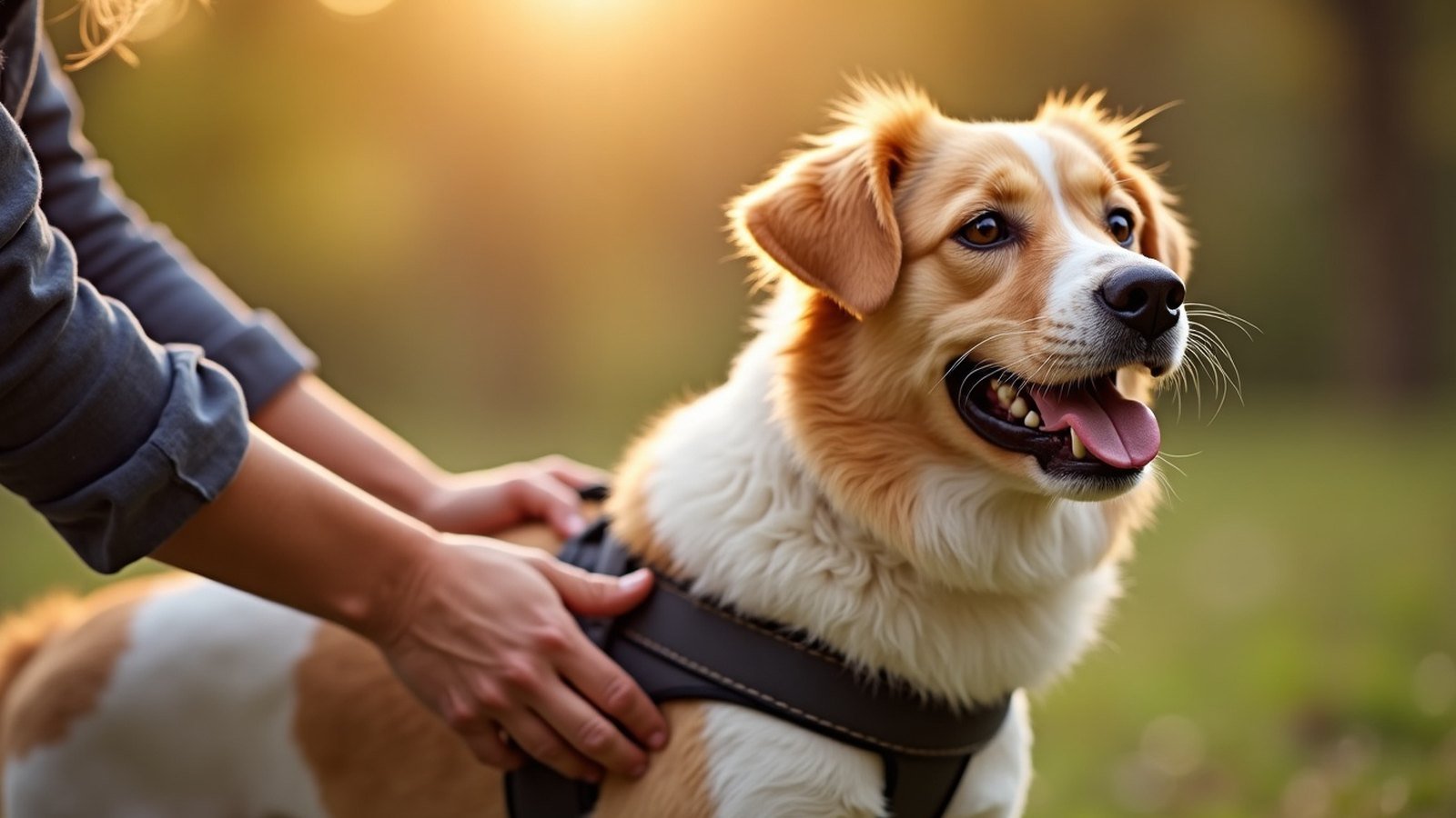 Fitting a front-clip no-pull harness on a dog and adjusting the chest strap