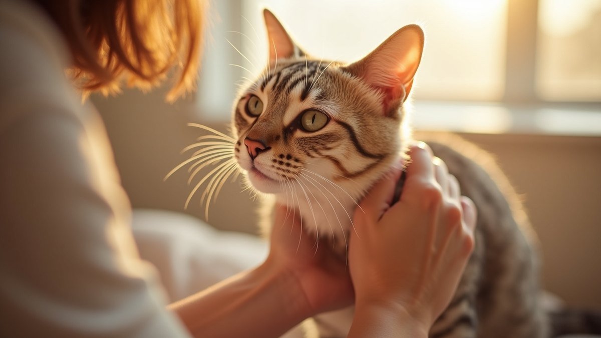 Cat being checked for fleas by its owner