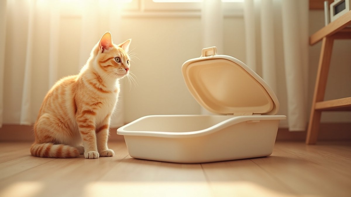 Cat sitting beside a clean litter box