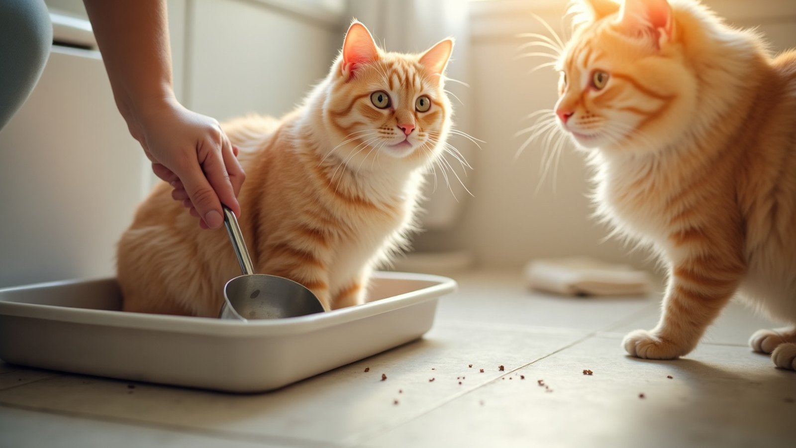 Scooping a clean litter box while a relaxed cat watches nearby