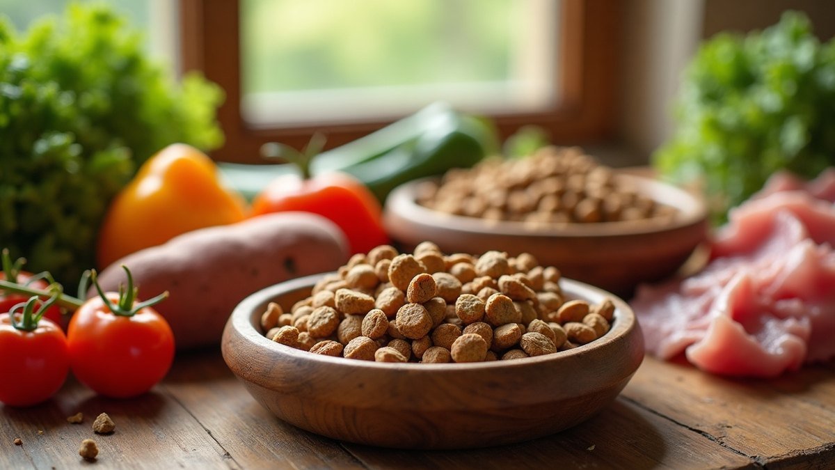 Bowls of grain-free dog food with fresh ingredients