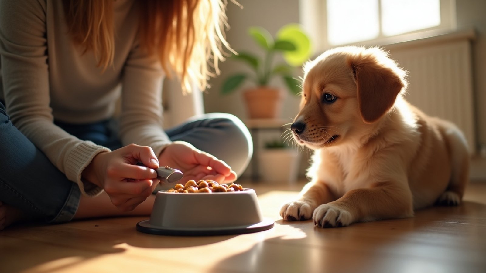 An owner reading a dog food label while a healthy dog waits nearby