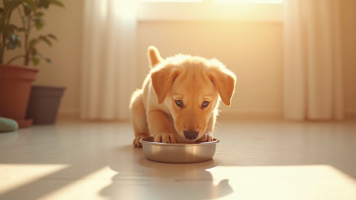 Puppy eating from a stainless steel bowl
