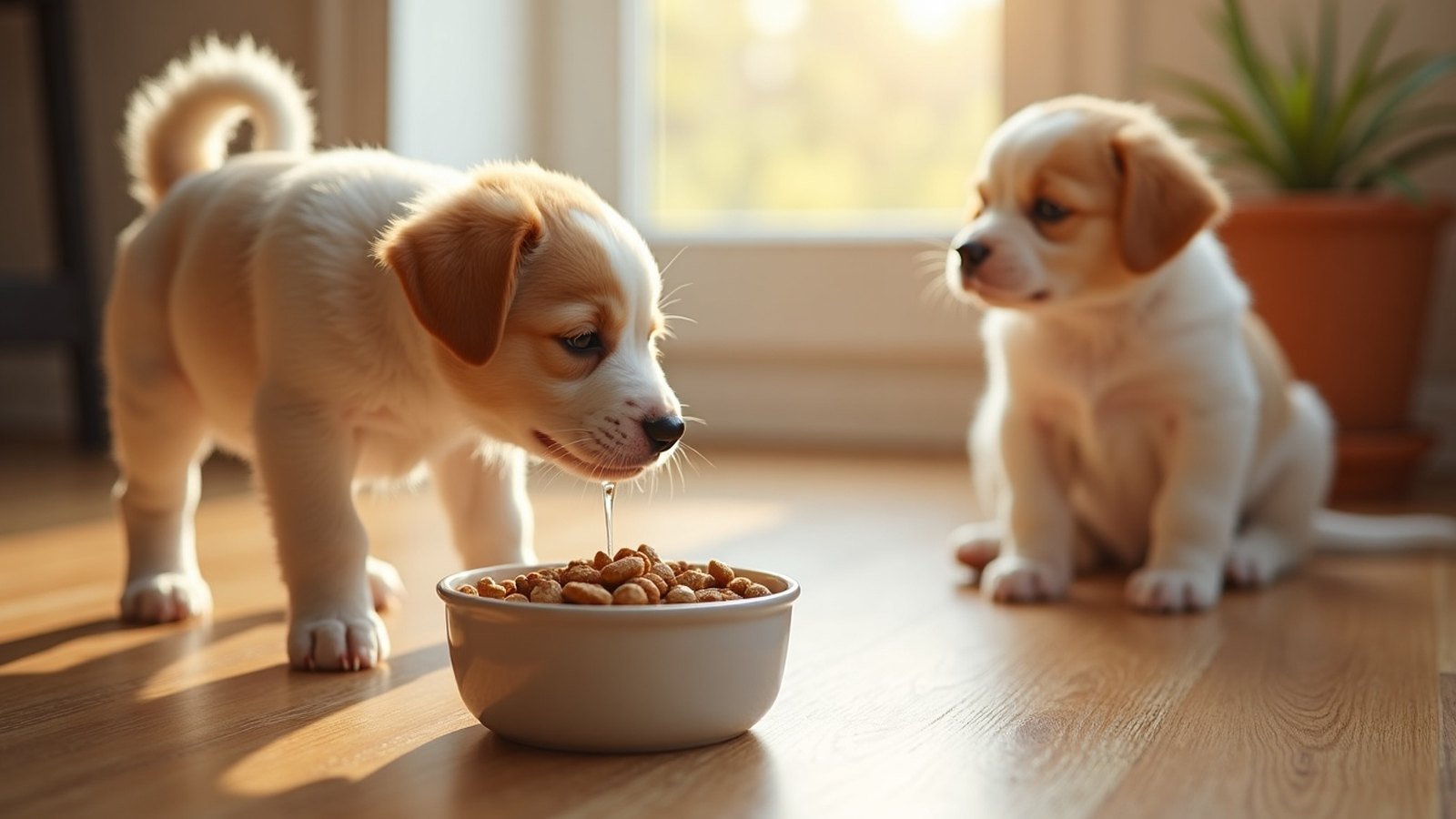 Measuring puppy food with a cup while a puppy waits to eat