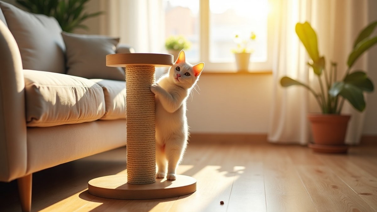 Cat using a scratching post instead of the sofa