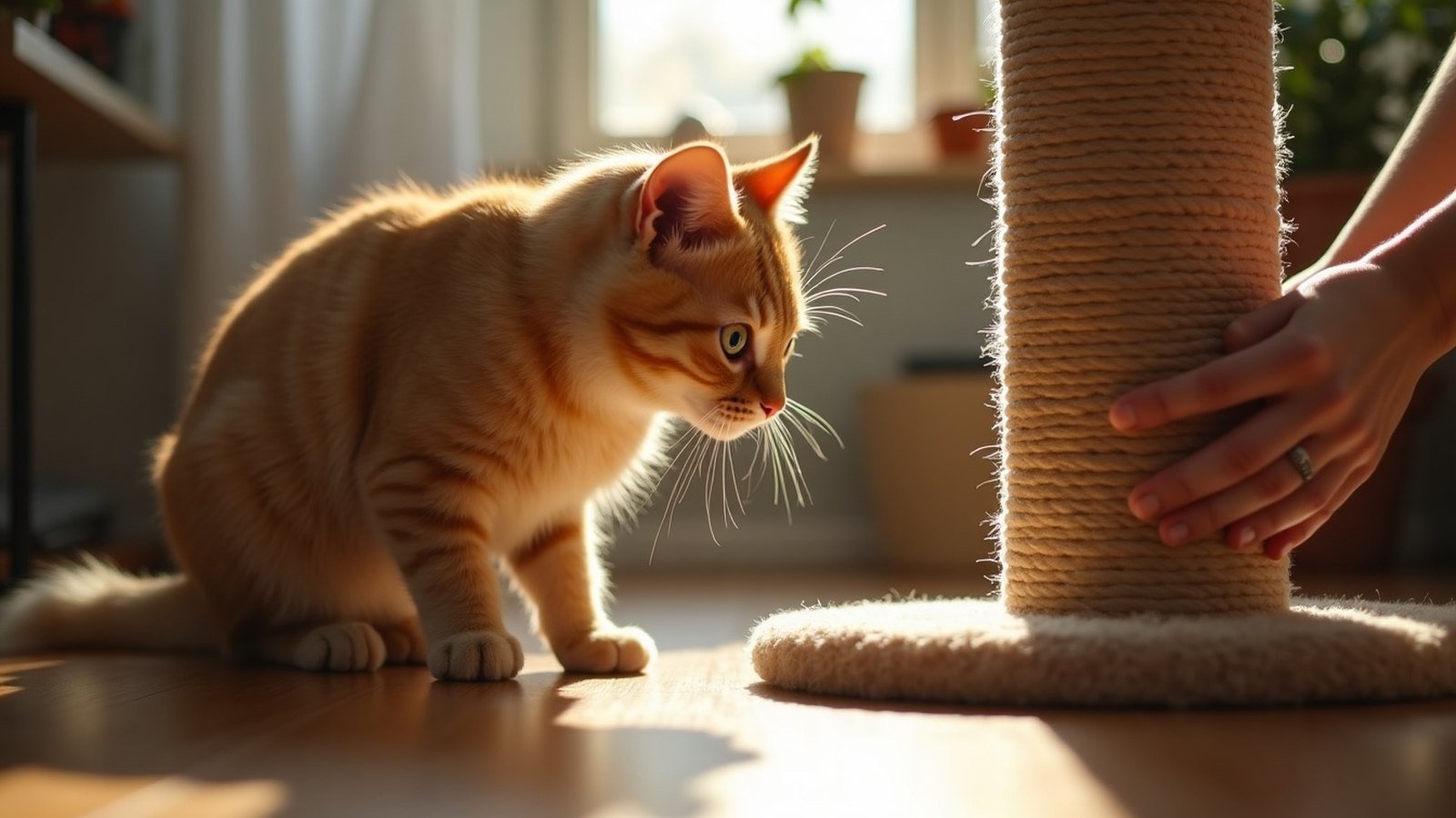A cat being encouraged onto a catnip scratching post by its owner