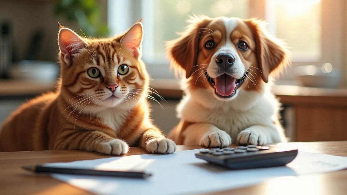 Dog and cat beside a calculator and paperwork