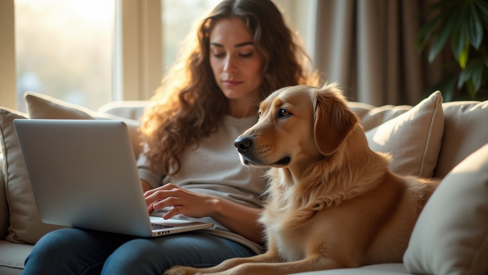 An owner comparing pet insurance options on a laptop with a dog nearby