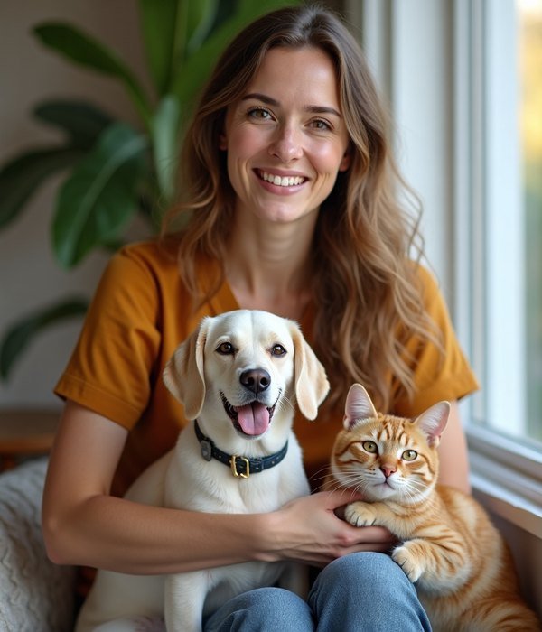 Megan Foster, former veterinary technician, smiling with a dog and a cat