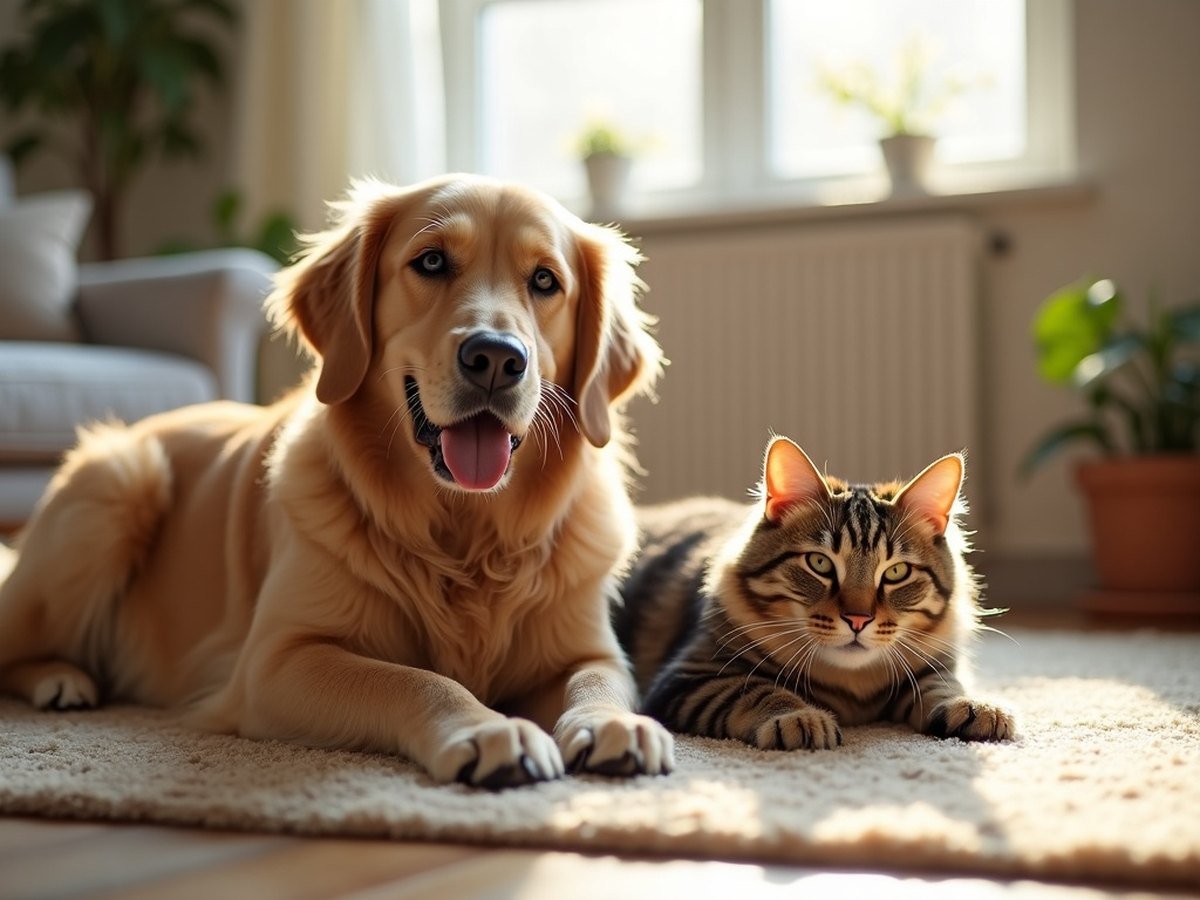 A happy golden retriever and a relaxed tabby cat resting together in a sunlit living room