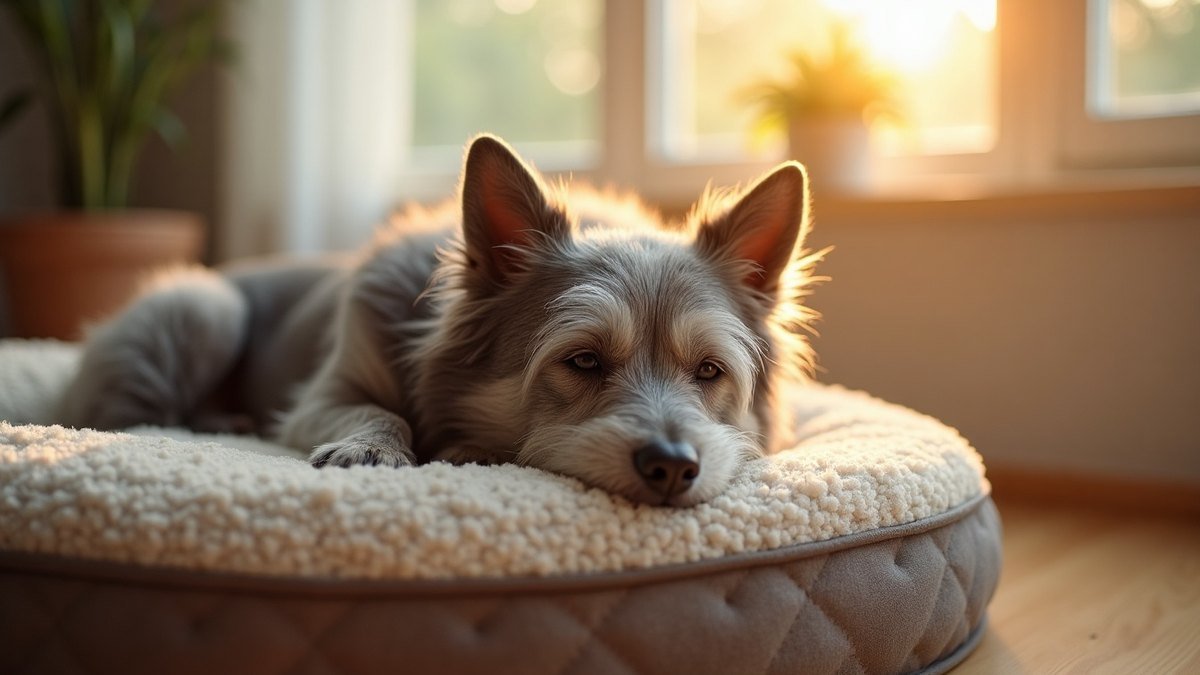 Gray-muzzled senior dog resting on a soft bed