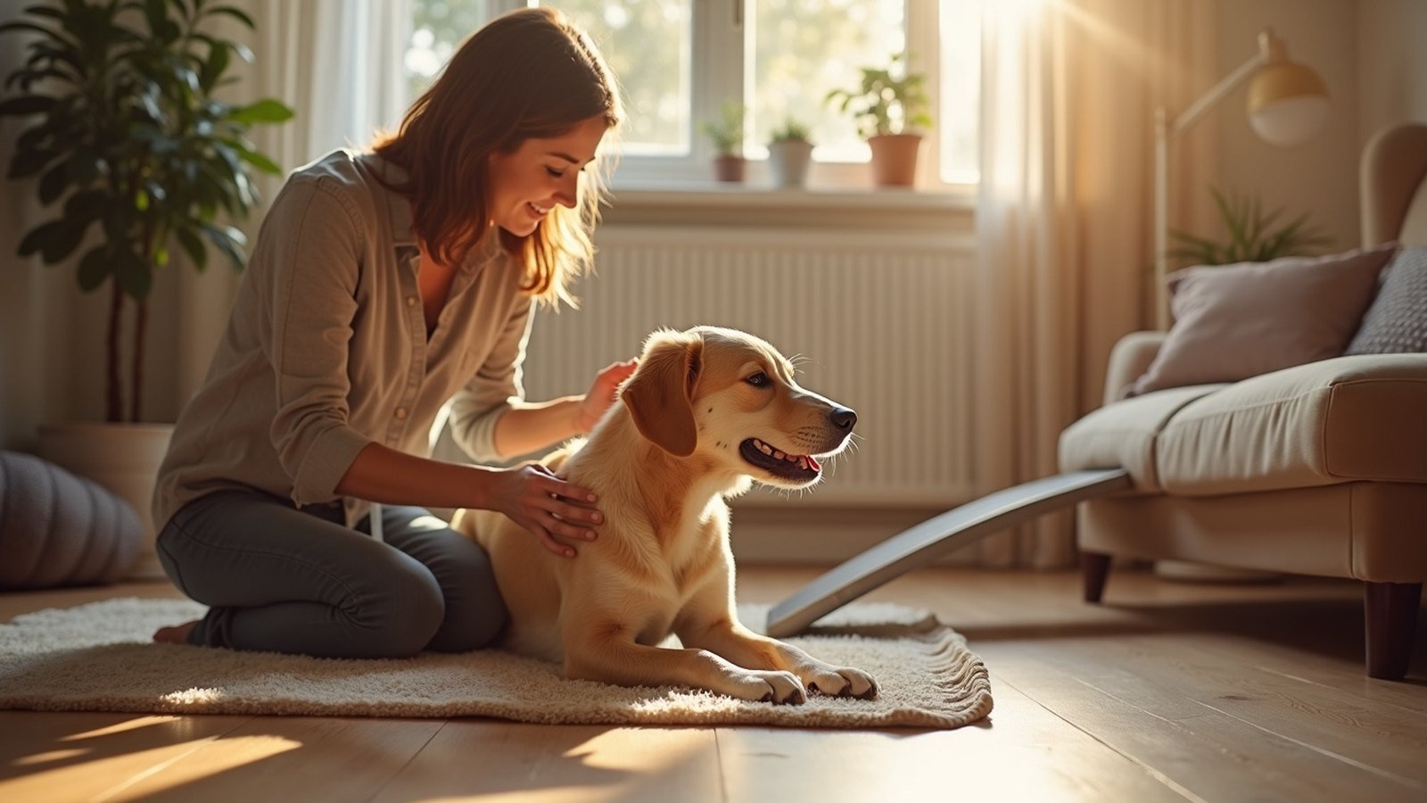 An owner gently caring for a senior dog in a comfortable, joint-friendly home