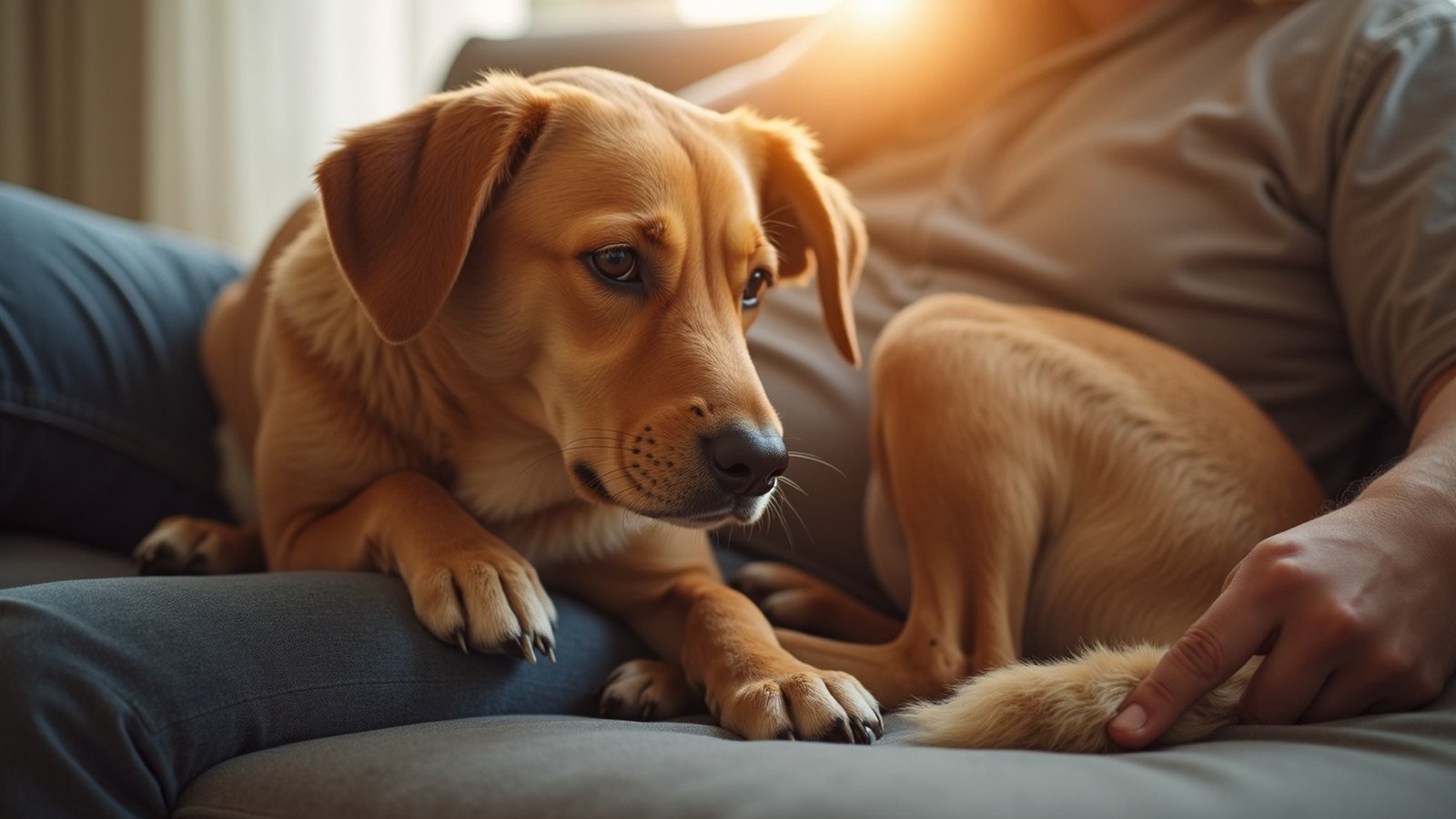An owner calmly comforting a nervous dog on a sofa