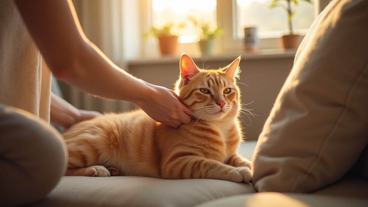 Concerned cat owner gently holding a tabby cat