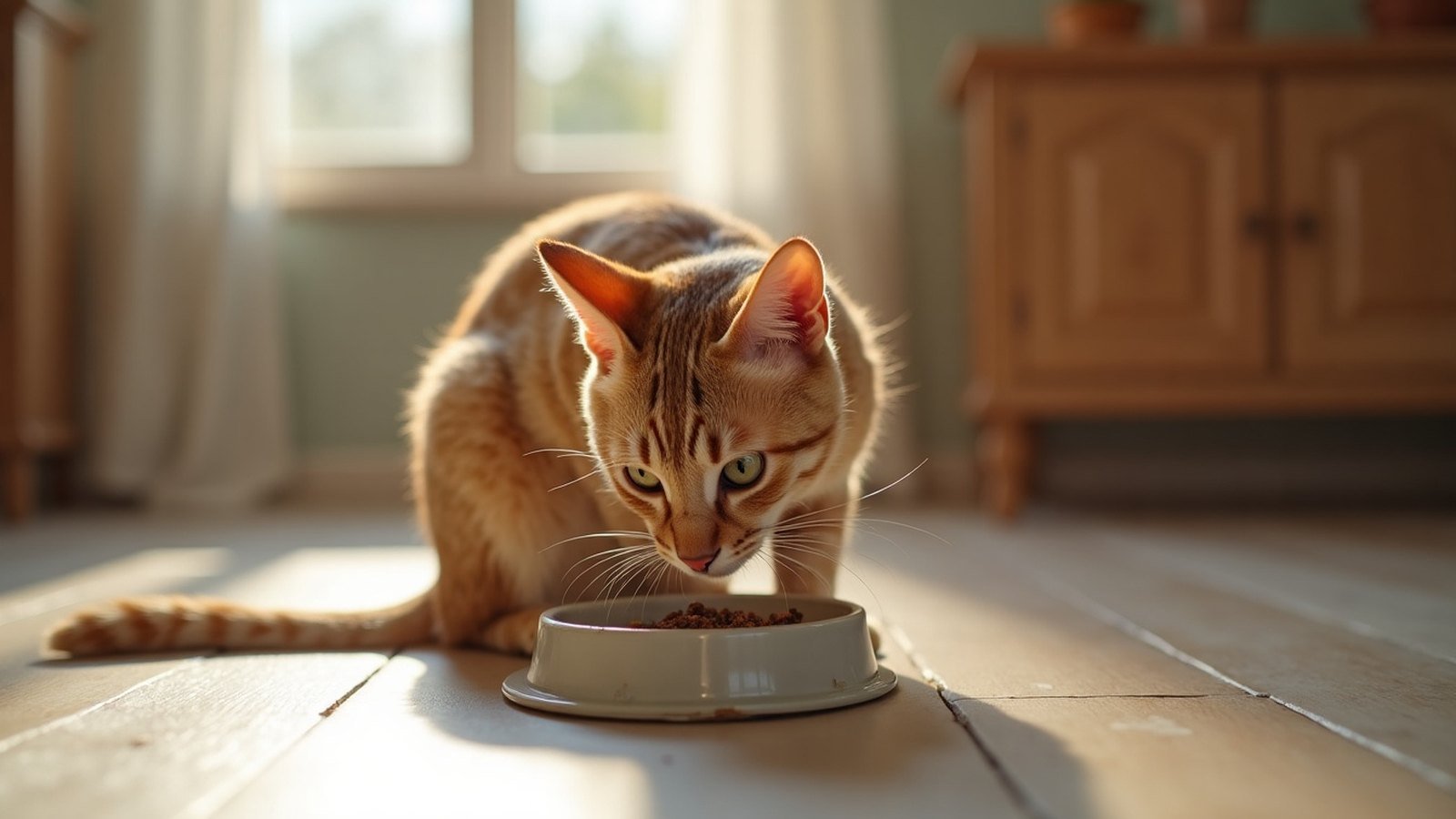 A cat eating calmly from a slow-feeder bowl to prevent vomiting from fast eating